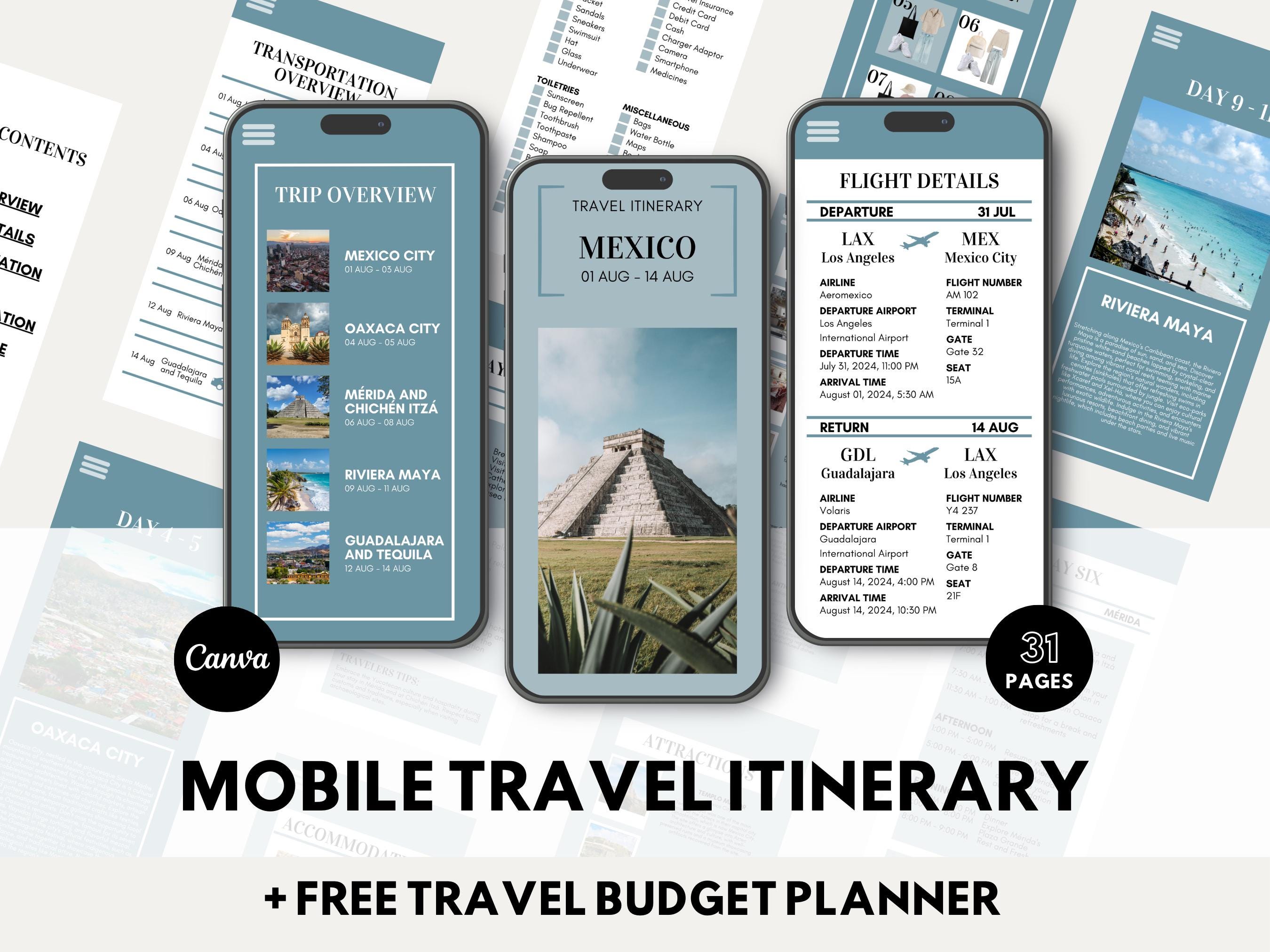 Mobile Travel Itinerary Template Editable Canva Travel Itinerary ...