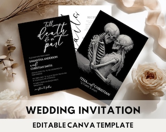 Gothic Wedding Invitation Canva Template Printable Gothic Halloween Wedding Invite Editable Till Death Do Us Part Skeleton Wedding Invite