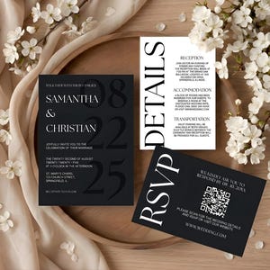 Modern Wedding Invitation Template Editable Minimalist Wedding Invitation Suite Black Wedding Invitation with QR Code Black And White Invite