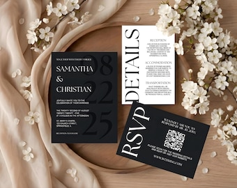 Modern Wedding Invitation Template Editable Minimalist Wedding Invitation Suite Black Wedding Invitation with QR Code Black And White Invite