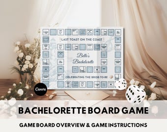 Könnte beinhalten: Ein blaues und weißes Bachelorette-Party-Brettspiel mit dem Text "Last Toast on the Coast" und "Belle's Bachelorette" darauf gedruckt. Das Spielbrett zeigt eine Strandszene mit einem Leuchtturm und einer Muschel. Das Spielbrett ist von weißen Würfeln umgeben.