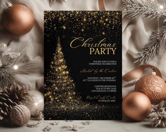 May include: A black Christmas party invitation with gold text and a sparkling Christmas tree design. The invitation includes the text "Christmas PARTY" and event details. Decorative ornaments and pine cones surround the invitation.