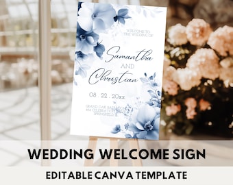 Plantilla de letrero de bienvenida para boda en azul polvoriento editable Letrero de bienvenida para recepción de boda en azul polvoriento imprimible Póster de bienvenida para boda con flores azules