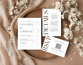 Minimalist Wedding Invitation Template Editable Modern Invite Suite Classy Black and White Wedding Invitation Suite Template with Rsvp Qr