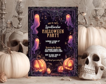 Bearbeitbare Halloween-Geist-Partyeinladung Canva Vorlage Druckbare Halloween-Geburtstagsfeier-Einladung Gruseliges Kürbis-Thema Halloween-Einladung