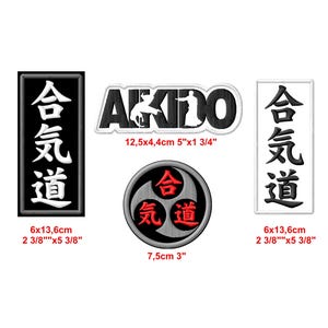 Peut inclure: Trois patchs brodés avec le mot "Aikido" et les caractères japonais pour "Aikido" en noir et blanc avec des accents rouges. Les patchs mesurent 12,5 cm sur 4,4 cm, 6 cm sur 13,6 cm et 7,5 cm de diamètre.
