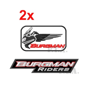 Può includere: Due toppe ricamate con la scritta "BURGMAN" in rosso, un disegno di moto e la scritta "BURGMAN RIDERS". Le toppe sono nere, bianche e rosse, per gli appassionati di moto.