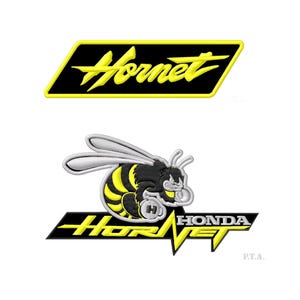May include: Black and yellow embroidered patch with a bee and the text "Hornet Honda" in a stylized font.