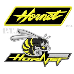 May include: Two embroidered patches featuring the word "Hornet". One is a yellow script on a black diamond shape. The other patch depicts a cartoon hornet with yellow and black stripes, and the word "Hornet" in yellow.