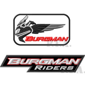 Puede incluir: Dos parches bordados. El superior presenta un diseño de motocicleta y la palabra "BURGMAN" en rojo. El parche inferior dice "BURGMAN RIDERS". Ambos parches tienen un borde negro y texto blanco.