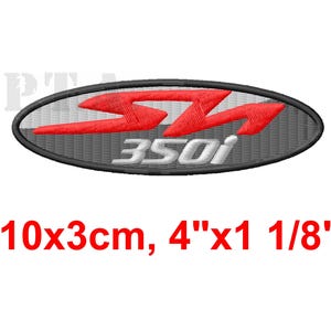 May include: Embroidered patch with the text "SZ 350i" in red and white. The patch is oval-shaped, with a gray background and a black border. The patch measures 4" x 1 1/8".
