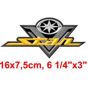 May include: Embroidered patch featuring a stylized design with the word "STAR" in gold, set against a gray and black geometric shape. The patch includes a white star emblem. Dimensions: 6 1/4" x 3".