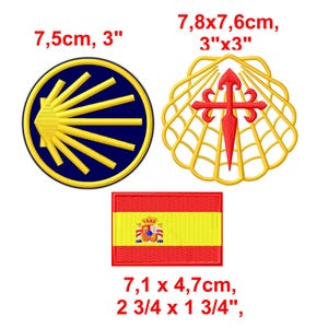 May include: Embroidered patches featuring a yellow sunburst design on a blue background (3" diameter), a scallop shell with a red cross (3"x3"), and the Spanish flag (2 3/4" x 1 3/4").