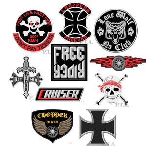Könnte beinhalten: Eine Sammlung von gestickten Aufnähern mit Biker-Motiven. Dazu gehören ein Totenkopf, ein Wolf, Kreuze und Schriftzüge wie "Choppers Forever" und "Free Rider". Die Aufnäher sind in verschiedenen Farben und Formen gestaltet.