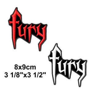 May include: Two embroidered patches with the word "Fury". One patch is red on black, the other is white on black. The patches measure 3 1/8" x 3 1/2" (8x9cm).