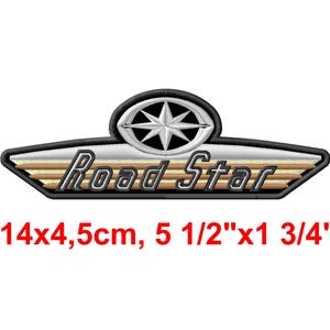 May include: Embroidered patch with the text "Road Star" in a stylized font. The patch features a starburst design above the text and measures 5 1/2" x 1 3/4". The patch has a black border and a beige and silver color scheme.