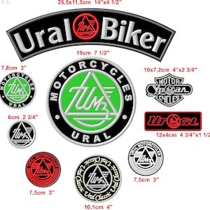 May include: A set of nine embroidered patches featuring the Ural Motorcycles logo in various colours and sizes. The patches are perfect for adding a touch of motorcycle style to jackets, bags, or other items.