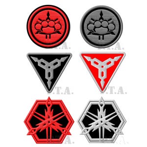 May include: A collection of embroidered patches featuring various geometric and weapon-themed designs. The patches include circular, triangular, and hexagonal shapes in red, black, white, and gray. The designs include brass knuckles and stylized geometric patterns.