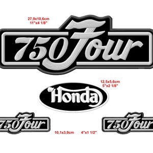 以下が含まれることがあります： 「750Four」と「Honda」の文字が書かれた、黒と白の刺繍パッチ3つ。パッチはサイズが異なり、バイクジャケットやバッグに最適です。