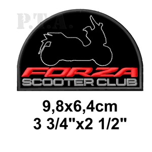 May include: Black and red embroidered patch with the words "FORZA SCOOTER CLUB" and a scooter silhouette. The patch measures 3 3/4" x 2 1/2".