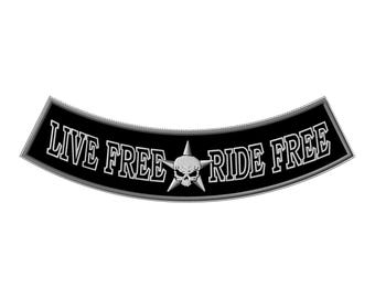 Live Free Ride Free Skull Motorcycle Iron-On Patch - XL Rocker, biker Applique
