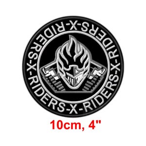 May include: Circular embroidered patch with a black background and white text reading "RIDERS-X-RIDERS". The patch features a stylized helmet design. The patch is 10 cm in diameter.
