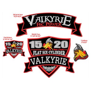 Könnte beinhalten: Satz von vier gestickten Patches mit einem Motorradclub-Logo. Die Patches sind schwarz, rot und weiß mit dem Text "VALKYRIE" und "15 20 Power Cruiser Flat Six Cylinder".
