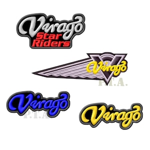 May include: A collection of embroidered patches featuring the word "Virago" in various styles. The patches include the text "Star Riders" and a design with wings. Colors include black, white, red, blue, and yellow.