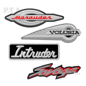 May include: Four embroidered patches with text: "Marauder" in red, "Volusia" in black, "Intruder" in white, and "Savage" in red. The patches have a variety of shapes, including a horizontal oval, a stylized wing, a rectangle, and a jagged design.