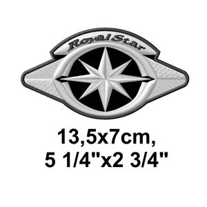 May include: Embroidered patch with the text "Royal Star" above a starburst design. The patch is silver and black, measuring 5 1/4" x 2 3/4".