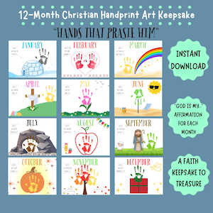 May include: A 12-month Christian handprint art keepsake with the text "Hands That Praise Him." Each month features a handprint design representing a different theme, including an igloo, cross, and rainbow. The design includes the text "Instant Download."