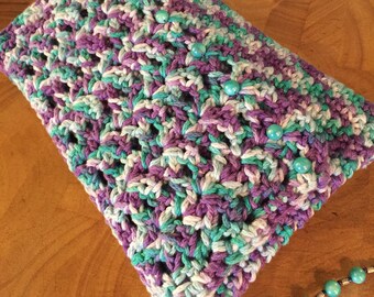 Purple Green Beaded Crochet Zippered Wristlet