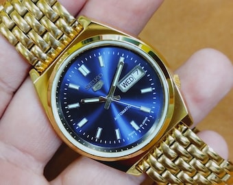 Vintage automatic Seiko 5 blue dial golden men's working wrist watch 37.5mm...japan made