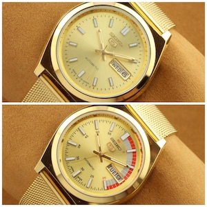 Lot of 2 Vintage refurbished Seiko 5 golden dial men&#39;s working wrist watch 37.5mm
