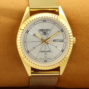 Vintage refurbished Seiko 5 golden silver dial men&#39;s working wrist watch 35mm