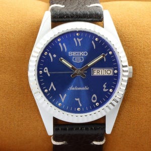 Vintage refurbished Seiko 5 blue arabic elegant dial men&#39;s working wrist watch 35mm