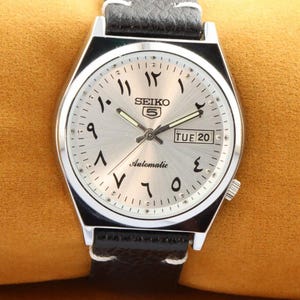 Vintage refurbished Seiko 5 silver arabic dial men&#39;s working wrist watch 37.5mm