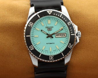 Vintage restaurierte Seiko 5 türkisfarbenes Ziffernblatt Herren Arbeitsarmbanduhr Uhr 40 mm