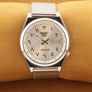Vintage refurbished Seiko 5 Arabic silver dial men&#39;s working wrist watch 37.5mm
