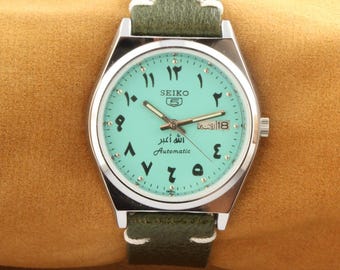 Vintage restaurierte Seiko 5 türkis arabisches Zifferblatt Herren Arbeitsarmbanduhr 37.5 mm