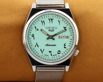 Vintage restaurierte Seiko 5 türkises Zifferblatt Herren-Armbanduhr 37,5 mm.