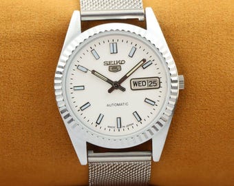 Vintage Seiko 5 Automatic Men's Watch, White Dial (35mm)