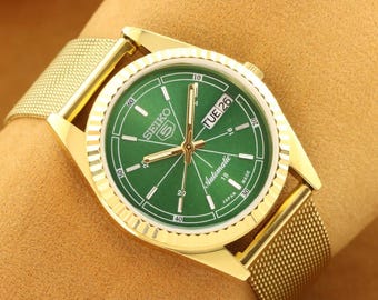 Vintage Seiko 5 Automatic Watch, Golden Green Dial, 35mm
