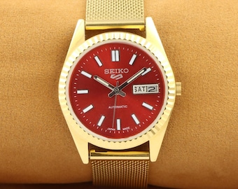 Vintage Restored Seiko 5 Automatic Watch, Red Dial, Golden Mesh Band