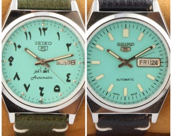 Lot von 2 Vintage erneuert Seiko 5 türkis Zifferblatt Herren Armbanduhr 37,5 mm
