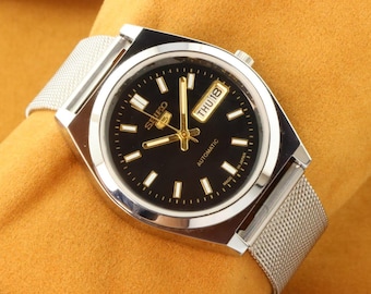 Vintage Seiko 5 Automatic Watch, Black Dial, Mesh Band (37.5mm)
