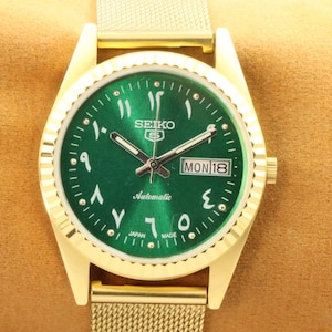 Vintage refurbished Seiko 5 golden green arabic dial men&#39;s working wrist watch 35mm