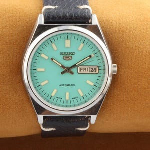 Vintage gerenoveerd Seiko 5 turquoise werkend herenpolshorloge 37,5 mm