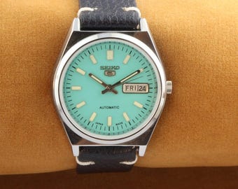 Vintage refurbished Seiko 5 turquoise dial men's working wrist watch 37.5mm