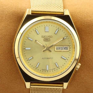 Vintage refurbished Seiko 5 golden dial men&#39;s working wrist watch 37.5mm